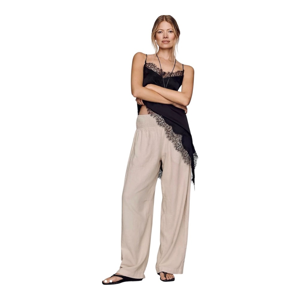 Pilcro Anthropologie Smocked Wide Leg Linen Blend Pants Beige Medium